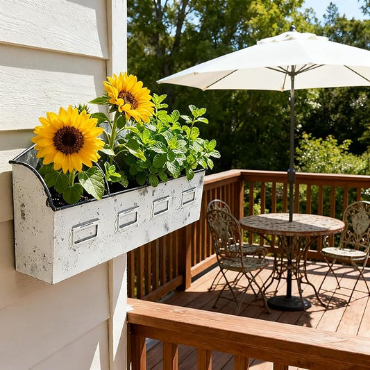 Vintage 4-Compartment Wall-Mounted Galvanized Metal Planter, Distressed White Hanging Flower Pot for Succulents, Herbs, Indoor Outdoor Garden Decor