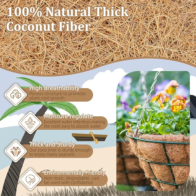 Legigo 4 Pack 20 Inch Hanging Basket Coco Liners Replacement, 100% Natural Round Coconut Coco Fiber Planter Basket Liners for Hanging Basket Flowers/Vegetables