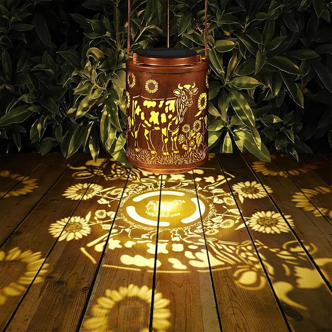 Solar Lanterns Garden Decor Birthday Gifts for Women Mon Grandma Metal Hanging Solar Lights Waterproof Outdoor Decoration for Outside LED Lanterns for Yard Patio Lawn (Cow)