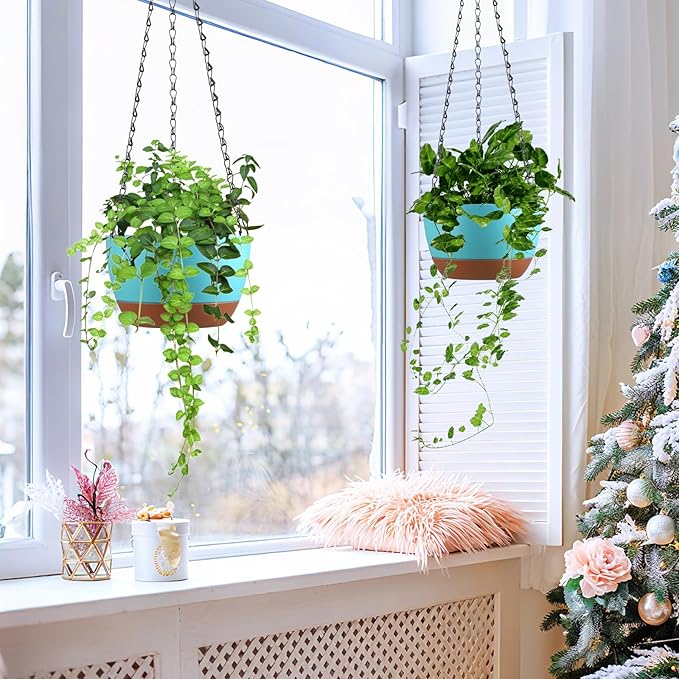 Set of 2 8 Inch Self Watering Hanging Planters for Indoor Outdoor Plants, Color Blocking Hanging Baskets Flower Pots with Drainage Hole & Removable Water-Storage Tray
