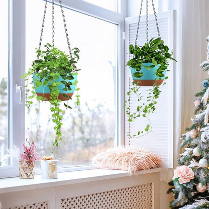 Set of 2 8 Inch Self Watering Hanging Planters for Indoor Outdoor Plants, Color Blocking Hanging Baskets Flower Pots with Drainage Hole & Removable Water-Storage Tray