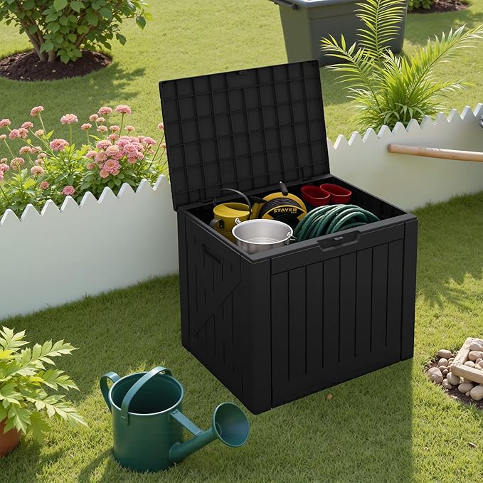 Greesum 40 Gallon Resin Deck Box, Outdoor Storage for Patio Furniture, Garden Tools, Pool Supplies, Weatherproof and UV Resistant, Lockable, Black