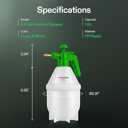 VIVOSUN 50oz Pump Sprayer, Handheld Garden Water Sprayer Bottle with Adjustable Brass Nozzle, for Spraying Plants, Flowers, Weeds and Cleaning, Green