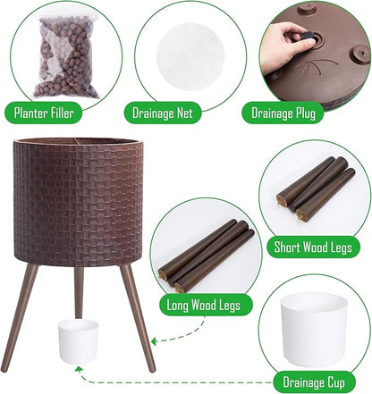 D'vine Dev 16 Inch Modern Geometric Tile Patterned Sleek Planter Pot with Stand, Indoor Outdoor Decorative Plant Holder, Espresso, 88-Z-E-6