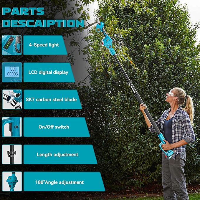 TOCiTAA Electric Pruning Shears Compatible with Makita Battery, Pruners for Gardening 1.5-2 Inch Cutting Diameter with 2 Pack 2.0Ah Batteries, Cordless 13ft. Pole Pruner with Pruning Blade