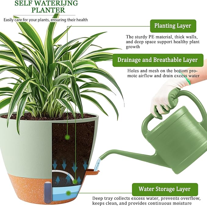 8/10/12 Inch Self Watering Pots for Indoor/Outdoor Plants - Large Plastic Planter with Drainage Holes, Water Level Indicator & Deep Reservoir, Modern Decorative Flower Pots (Green)