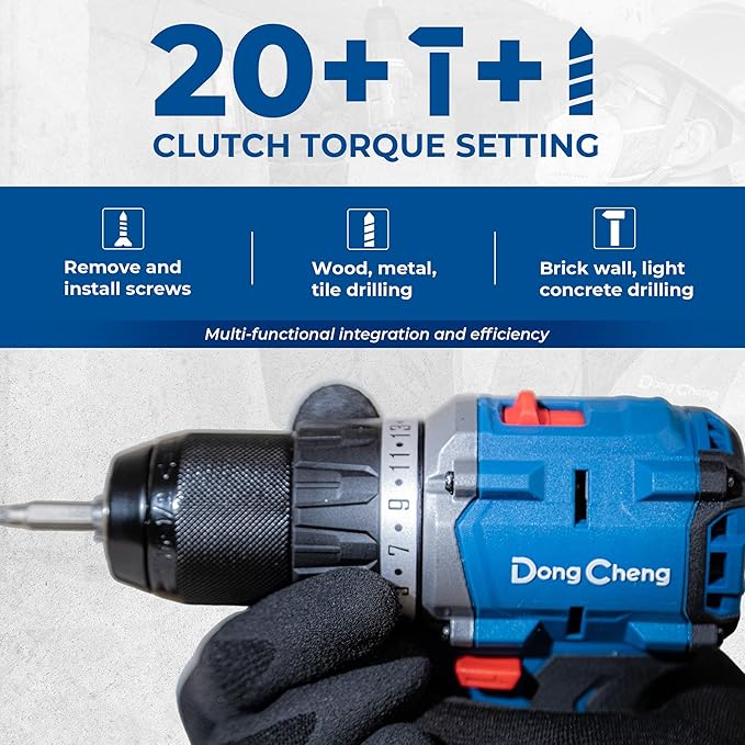 Dong Cheng 20V Brushless Heavy-duty Impact Drill, 531in-lbs, 1/2" Keyless Metal Chuck, 20+1+1 Clutch, Cordless Hammer Drill with 2 * 2.0Ah Battery Kit for Drilling Brick Wall, Metal, Wood
