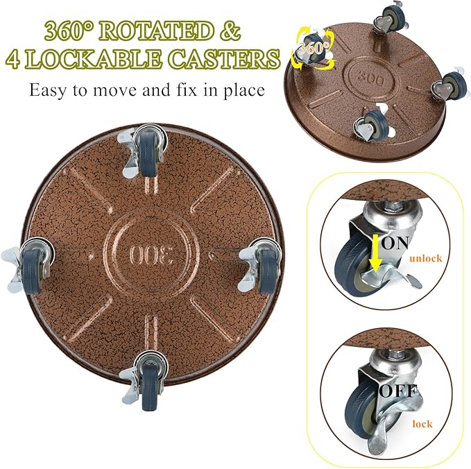 2 Pack Plant Caddy with Wheels, 12" Rolling Plant Stand 265 LBS Heavy Duty Metal Tray No Holes with Large Metal 360° Lockable Caster Wheels for Outdoor Indoor Large Plant Pots, Flower Pot, Patio