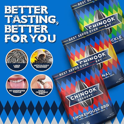 Chinook Seedery Roasted Sunflower Seeds - Jumbo Seeds Keto Snacks - Best For Snack Packs - Gluten Free, Non GMO Snack Food Gifts - 4 Ounce (Pack of 3) - Lawnmower Variety Pack