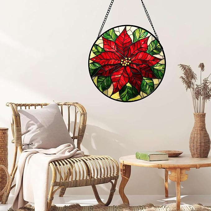 Stained Glass Window Hanging - Poinsettia Suncatcher for Door Garden Home Decor Birth Flower Sun Catcher Birthday Mother's Day for Lovers Friend Women Mom Nana 11.8 in