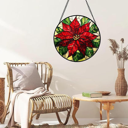 Stained Glass Window Hanging - Poinsettia Suncatcher for Door Garden Home Decor Birth Flower Sun Catcher Birthday Mother's Day for Lovers Friend Women Mom Nana 11.8 in