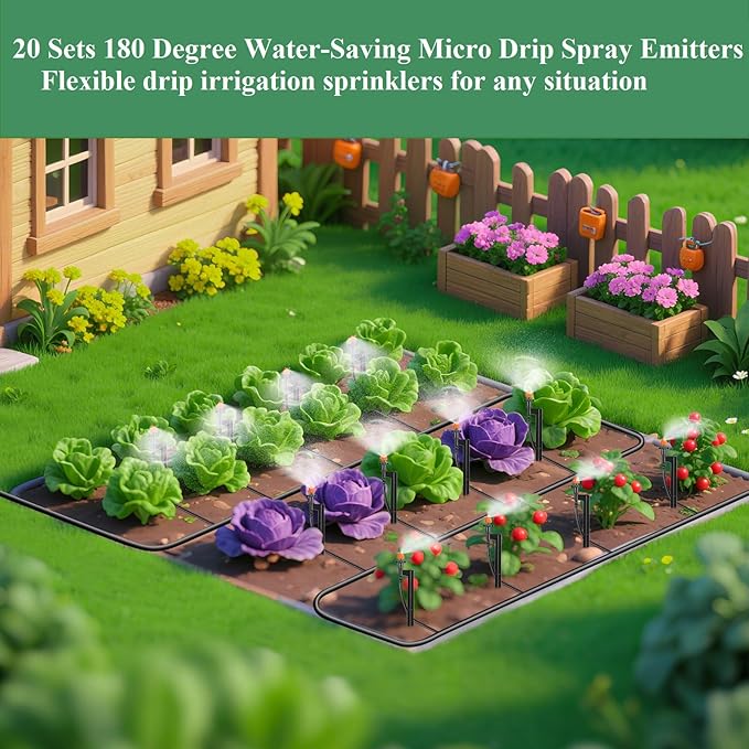 180 Degree Micro Drip Spray Emitters: 20 Set Drip Irrigation Sprinkler Heads on 12 Inch Stakes with 1/4" Tubing, Half Circle Pattern Drip Emitters for Garden Irrigation System