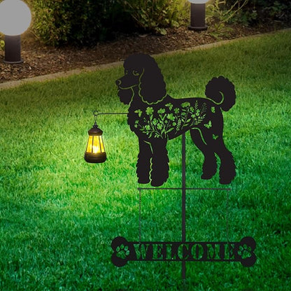 Poodle Metal Garden Stakes Yard Decor with a Lantern, Black Poodle Dog Silhouette Statues Garden Decorative Gifts for Yard Art, Patio, Outside, Lawn Ornaments, Christmas, Backyard, Pathway
