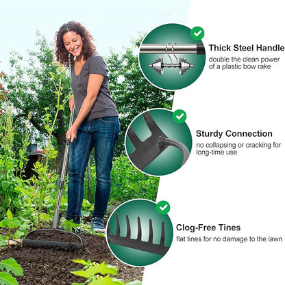 Rake for Leaves, Garden Bow Rake Heavy Duty, 48 in Leaf Rakes for Lawns, Yard Gardening Tools with Back-Saving Handle, 14 Metal Tines Head for Loosen Soil, Clear Gravel Grass Rock, Level Mulch