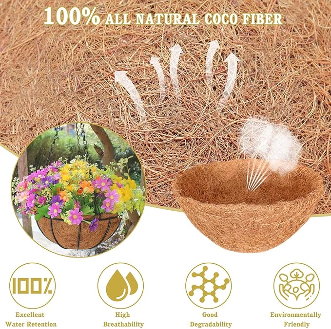 Halatool 6PCS 14 Inch Coco Fiber Liners - 100% Natural Coconut Fiber for Planters, Round Hanging Basket Liners for Flowers, Vegetables