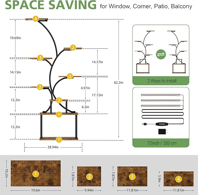 POZILAN Plant Stand Indoor with Grow Light, 8-Tiered Tall Plant Stands for Indoor Plants Multiple, Metal Plant Shelf Display Rack Holder, Flower Stand for Indoor Plants, Living Room, Garden, Patio