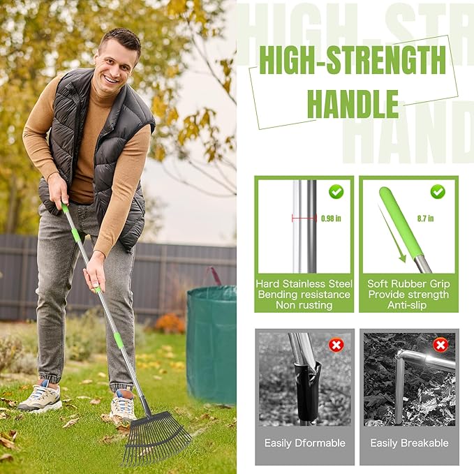 JOYHALO 65 Inch Rake for Leaves, 25 Tines Metal Leaf Rake Set with 32 Gallon Leaf Bags Scoops, Garden Rakes 18in Wide, Rakes for Gardening Lawns Yard Outdoor Camping Shrub Grass Bush