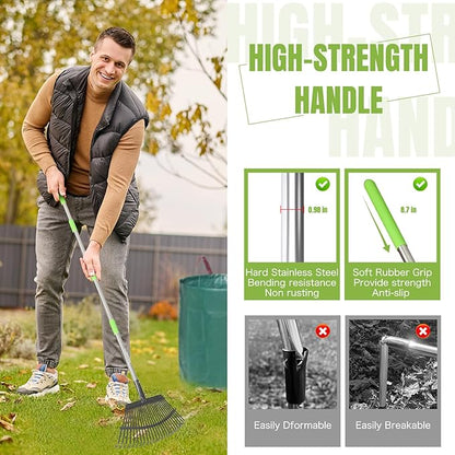 JOYHALO 65 Inch Rake for Leaves, 25 Tines Metal Leaf Rake Set with 32 Gallon Leaf Bags Scoops, Garden Rakes 18in Wide, Rakes for Gardening Lawns Yard Outdoor Camping Shrub Grass Bush