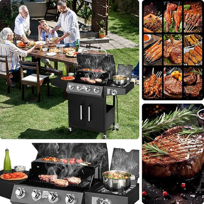 ROVSUN 4-Burner Propane Gas BBQ Grill with Side Burner & Enameled Cast Iron Grates, 58,000 BTU Barbecue Grill with Wheels for Outdoor Patio Backyard Cooking Grilling, Black