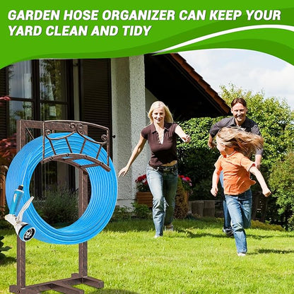 Garden Hose Holder, Heavy Duty Metal Water Hose Holders Hose Stand with 5 Spikes, Freestanding Hose Storage Rack Hose Hanger Holds 150ft Hose for Outside Yard Lawn Garden Decor
