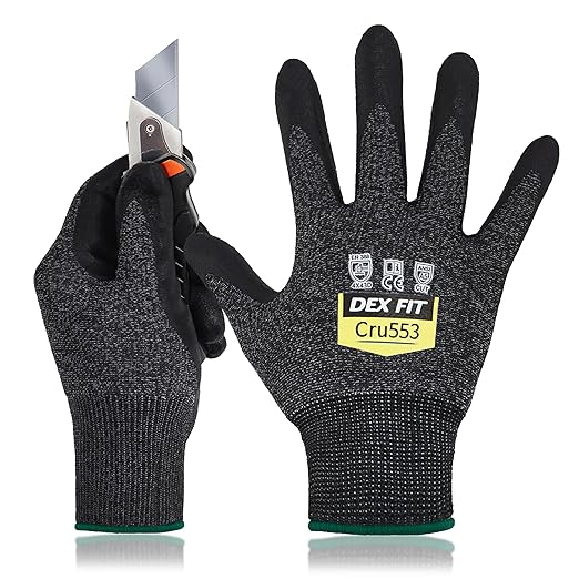 DEX FIT Level 5 Cut Resistant Gloves Cru553, 3D-Comfort Stretchy Fit, Power Grip, Professional Grade, Thin, Touch-Screen Compatible, Durable, Machine Washable; Black Gray M 1 Pair