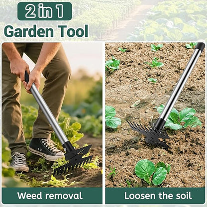 Weed Puller Tool with Long Handle, 11 Tooth Weed Remover Tool, 2 in 1 Weed Rake and Garden Hoe for Weeding, Weeder Tool with Detachable Handle, Uprooting Weeding Tool for Yard, Lawn, Patio,Garden