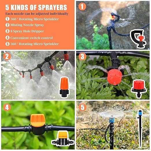 302PCS Drip Irrigation System for Garden: Automatic Drip Irrigation Kit Plant Watering System with 5 Kinds of Sprayers for Greenhouse Yard