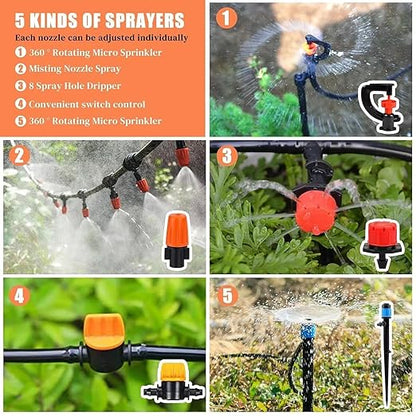 302PCS Drip Irrigation System for Garden: Automatic Drip Irrigation Kit Plant Watering System with 5 Kinds of Sprayers for Greenhouse Yard