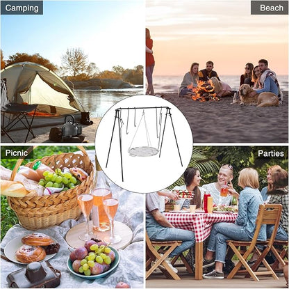 REDCAMP Swing Campfire Grill Stand - Collapsible Campfire Cooking Rack with 6 Hooks & Stainless Steel Grill Grate, Portable Dutch Oven Hanger for Outdoor Camping, Cookware, Bonfire, Round