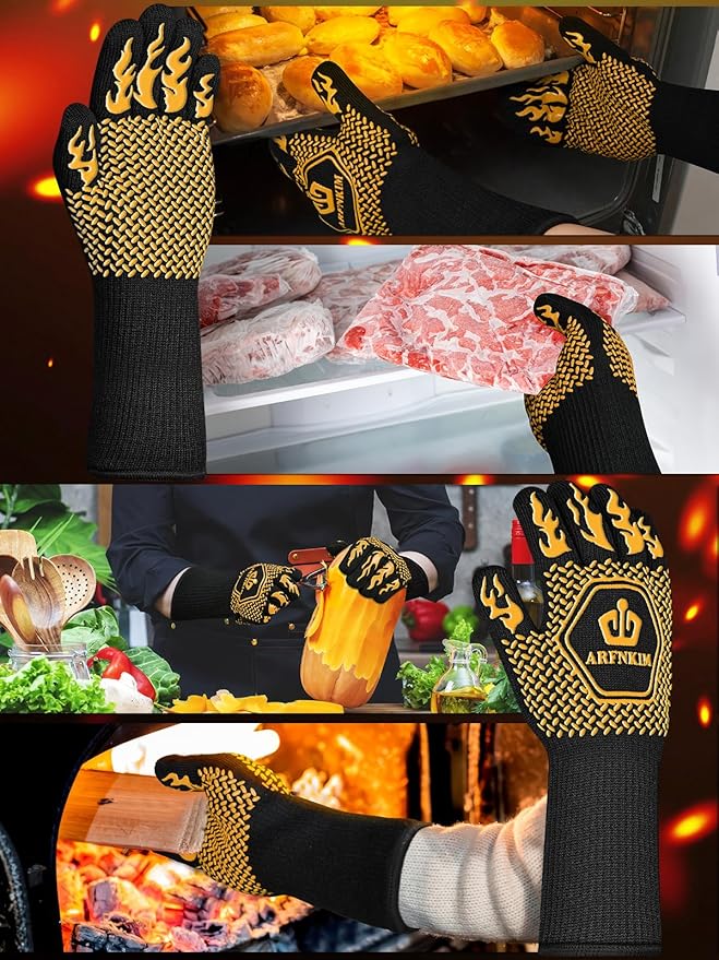 BBQ Oven Gloves, 1472℉ 3-Layers Heat Resistant Oven Mitts Silicone Non-Slip Cooking Gloves for Barbecue, Grilling, Baking, Welding, Smoker (A Pair) (Yellow)