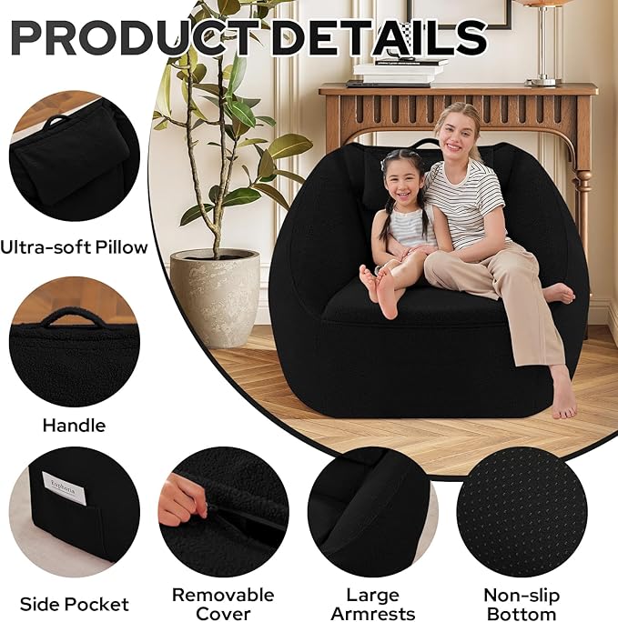 HABUTWAY Inflatable Bean Bag Chairs for Adult Blow up Chair Portable Inflatable Bean Bag Couch w/Electric Air Pump,Handle & Side Pocket for Movie Night Reading Gaming Living Room - Black