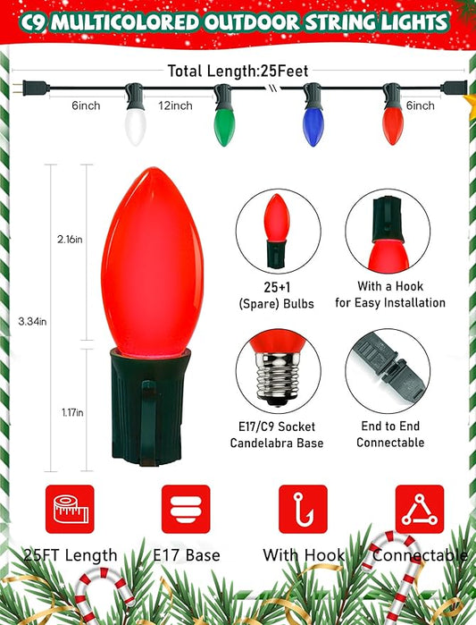 25Ft LED Christmas Outdoor String Lights, C9 String Lights with 27 0.6W Spray Painted Multicolor Bulbs, Vintage Christmas Lights for Holiday Party Backyard Wedding Garden Patio Porch Decor