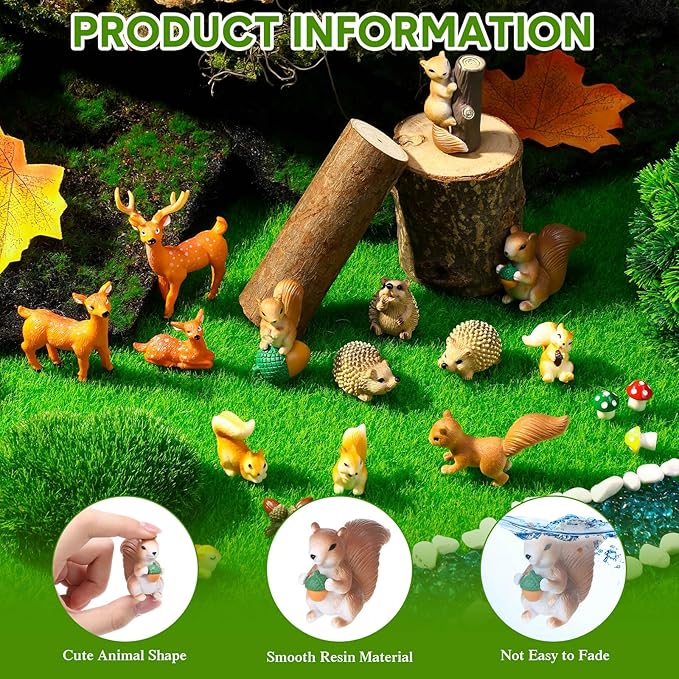 Unittype 33 Pcs Squirrel Garden Accessories Miniature Squirrel Figurines Tiny Resin Bridge Mushroom Pine Nuts Miniature Garden Kit for Craft Decoration