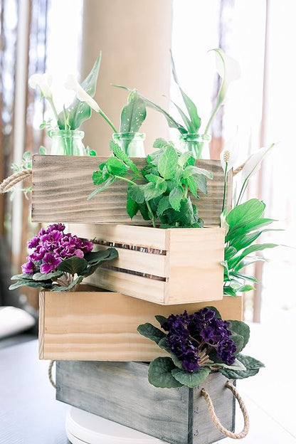 Wooden Planter Box with Handle, Rose Wood, Plastic Liner l Garden Decor l Restaurant and Wedding Decorations l Wedding Bouquets, Table Centerpiece, 12 x 4 Inches, (12x4 w Handle Set of 4, Rose Wood)