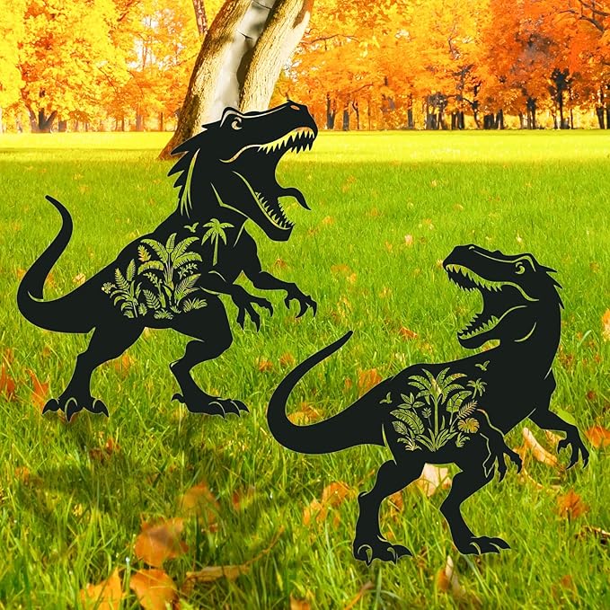 Dinosaur Metal Garden Stakes Yard Decor, 2PCS Black Dinosaur and Rainforest Silhouette Statues Garden Decorative Gifts for Yard Art, Patio, Outside, Lawn Ornaments, Christmas, Backyard, Pathway