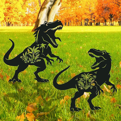 Dinosaur Metal Garden Stakes Yard Decor, 2PCS Black Dinosaur and Rainforest Silhouette Statues Garden Decorative Gifts for Yard Art, Patio, Outside, Lawn Ornaments, Christmas, Backyard, Pathway