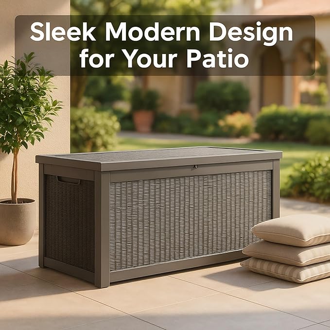 260 Gallon Resin Deck Box, Outdoor Storage Chest with Wood Grain Pattern, All-Weather Waterproof Patio Furniture for Cushions, Garden Tools, Pool Accessories - Easy Assembly, No Tools Needed