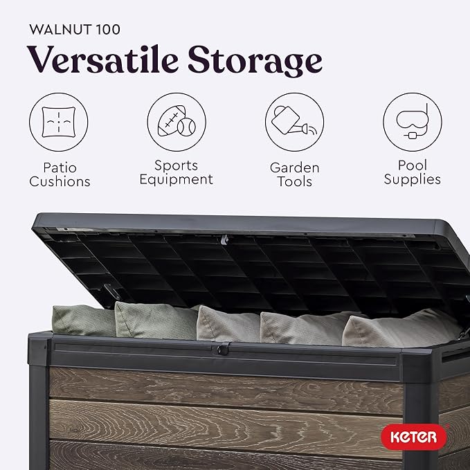 Keter Walnut 100 Gallon Resin Deck Box-Organization and Storage for Patio Furniture Outdoor Cushions, Throw Pillows, Garden Tools and Pool Toys