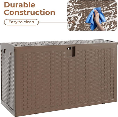 99 gal Brown Resin Deck Box, Outdoor Storage Box Waterproof Lockable, Patio Deck Box For Package Delivery, Outside Storage Box Container for Furniture Cushions, Garden Tools, Pool Accessories