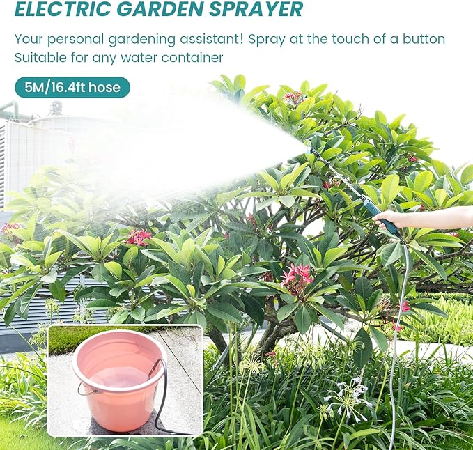 TOOVEM Electric Garden Sprayer with Battery Indicator,23.6inch Battery Powered Sprayer Wand with 16.4FT Hose,Rechargeable and Portable Spray Wand for Yard, Lawn and Garden(3 Nozzles)