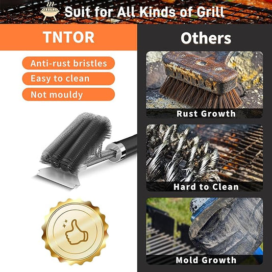 TNTOR Grill Brush with Scraper, 18" Adjustable Handle BBQ Grill Brush for Outdoor Grill, Extra Strong Grill Cleaner Accessories for Grill/Smoker/Gas/Charcoal Grill Cleaning-Gifts for Grill Wizard/Dad