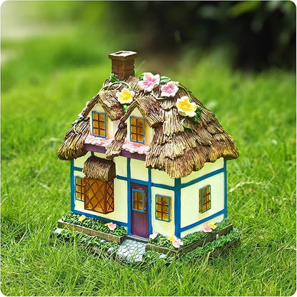 Resin Rustic Fairy Cottage Statues - M-Shaped Thatched Roof Garden Outdoor Decor with Solar Lights, Birthday Gifts for Women Mom Yard Decorations, Gardening Gifts for Patio, Balcony, Porch
