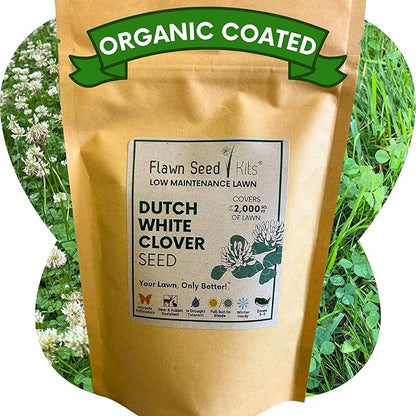Flawn Seed Kits White Dutch Clover Seed, 8.8 Oz, Organic Coated, Natural Lawn, Ground Cover, Hunting Food Plot, Covers up to 2,000 SqFt