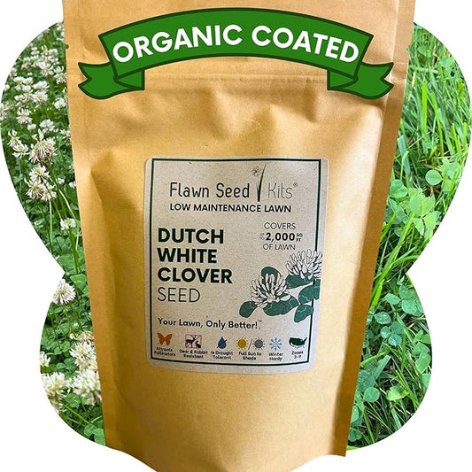 Flawn Seed Kits White Dutch Clover Seed, 8.8 Oz, Organic Coated, Natural Lawn, Ground Cover, Hunting Food Plot, Covers up to 2,000 SqFt