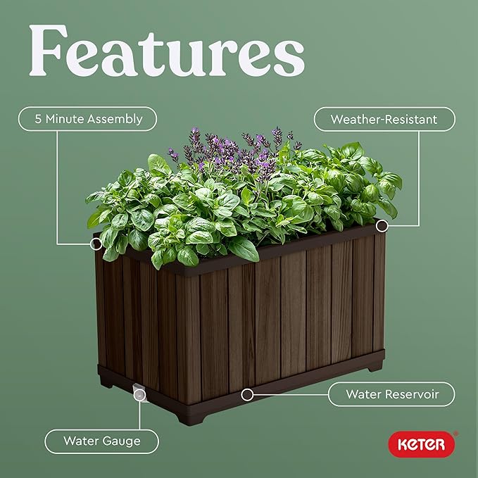 Keter Signature 21.7 Inch Tall Rectangular Large Wood Look Planter for Indoor or Outdoor Flower Pot Ideal for Patio Deck and Front Porch Decor, Rosewood