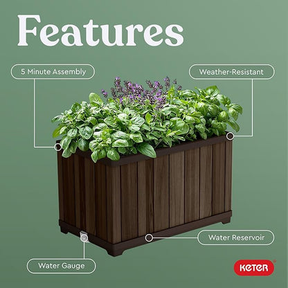 Keter Signature 21.7 Inch Tall Rectangular Large Wood Look Planter for Indoor or Outdoor Flower Pot Ideal for Patio Deck and Front Porch Decor, Rosewood