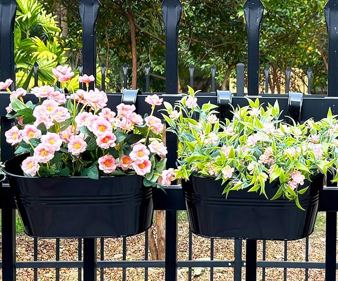 8 Pack Metal Hanging Planter for Outdoor Plants, 10 Inch Black Fence Planters Railing Pots for Garden Patio Balcony Decor, Flower Bucket with Detachable Hooks (Black, 8Pcs)