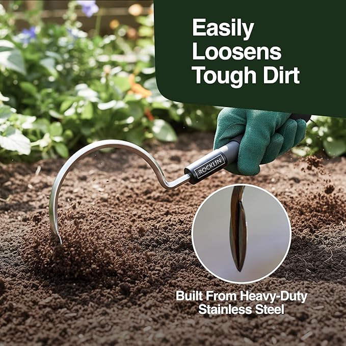 Short Handle Hook Cultivator – Heavy-Duty Garden Hand Tool for Weeding, Digging & Soil Loosening – Stainless Steel Blade, Ergonomic Grip, Compact for Raised Beds & Tight Spaces