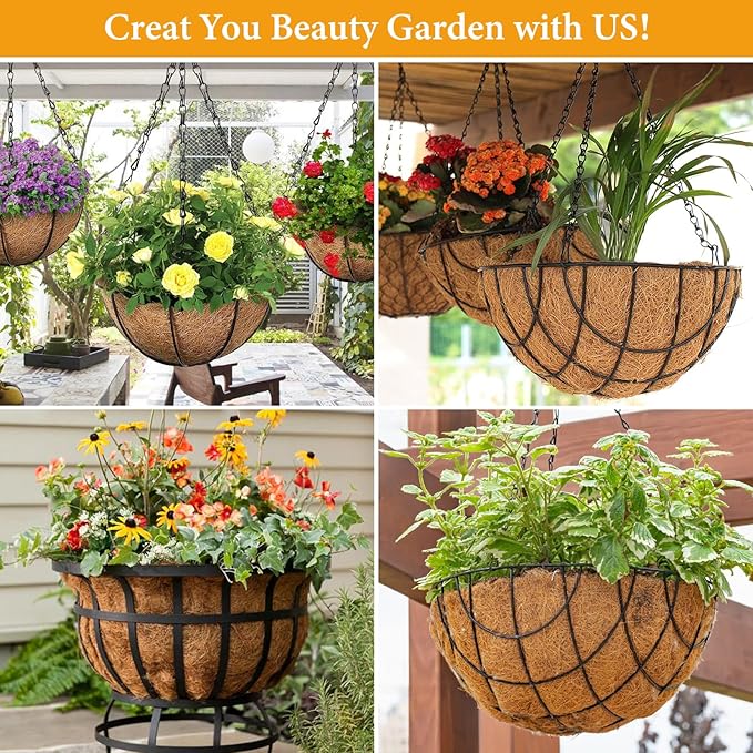 Legigo 4 Pack 8 Inch Hanging Basket Coco Liners Replacement, 100% Natural Round Coconut Coco Fiber Planter Basket Liners for Hanging Basket Flowers/Vegetables