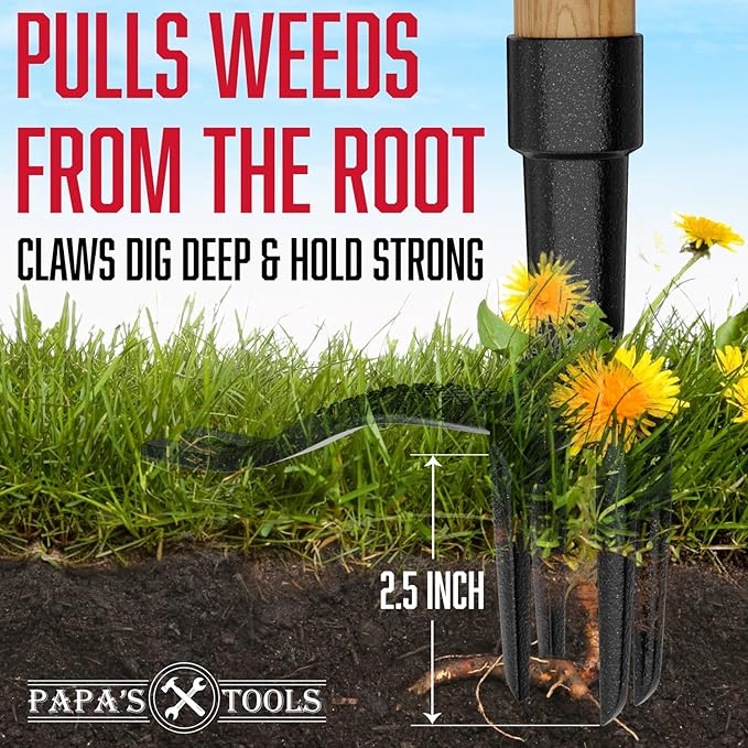 Papa's Tools Weeder - Stand Up Weed Puller Tool Made with Long Wooden Handle - Real Bamboo & 4-Claw Steel Head - Easily Remove Weeds Effortlessly Without The Need to Tug, Bend, Or Flex,